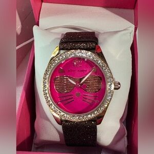 Betsey Johnson Cool Kitty Glitter Watch Pink
